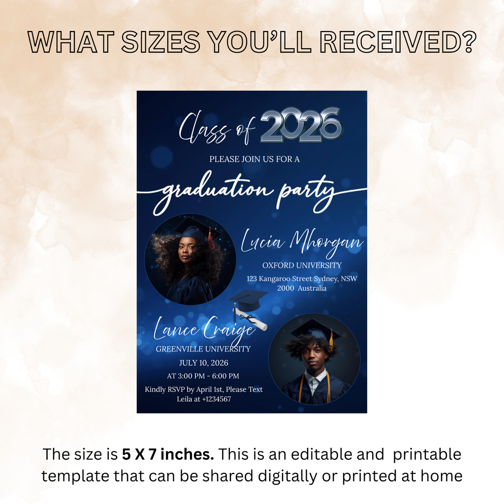 Blue Double Graduation Invitation with Photo, Class 2026 Twin Senior Grad Party Invite for High School College, Girl Boy Printable Template