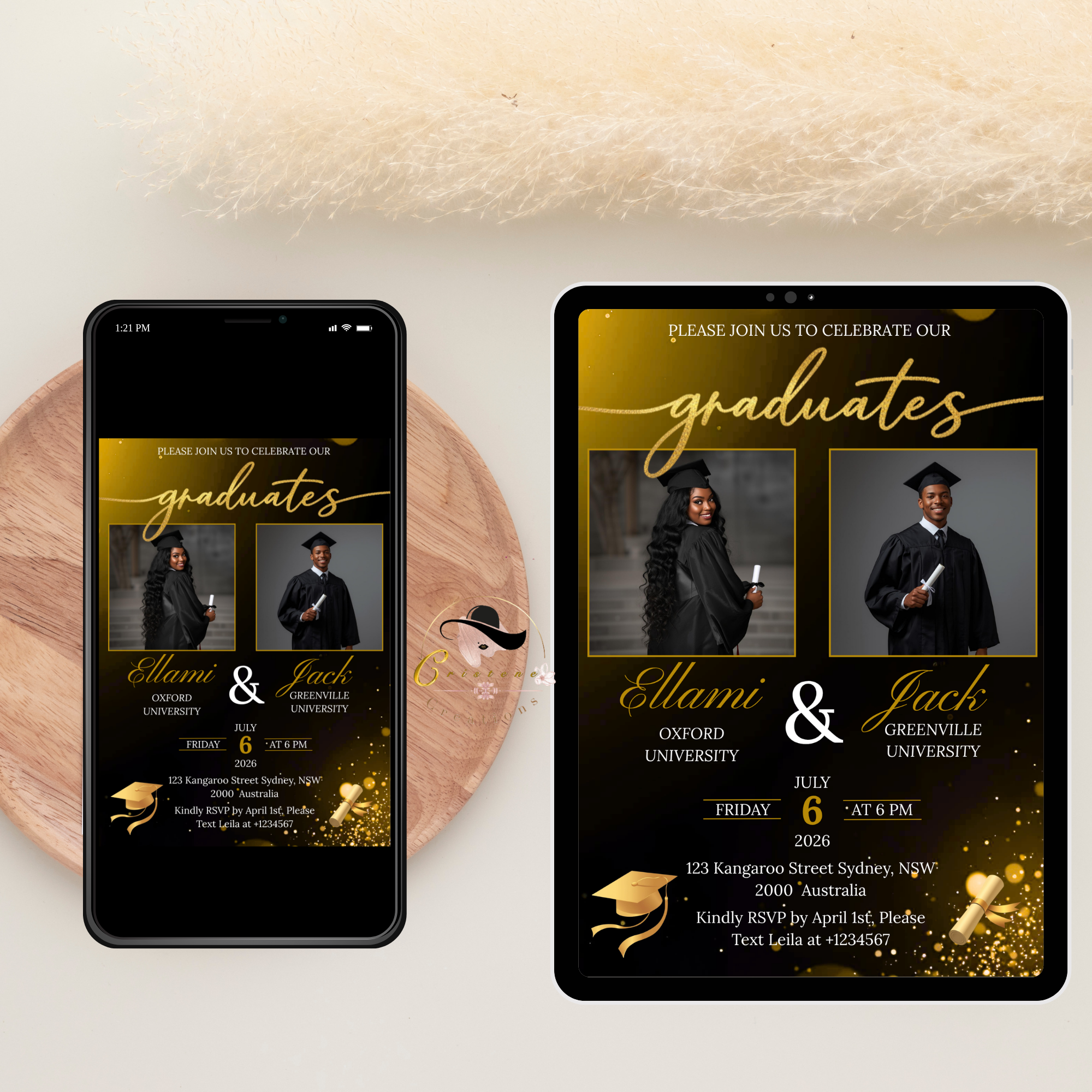 Twin Graduation Invitation with Photo, Double Senior Grad Party Invite For Him and Her Class of 2026 Graduates Black Gold Printable Template