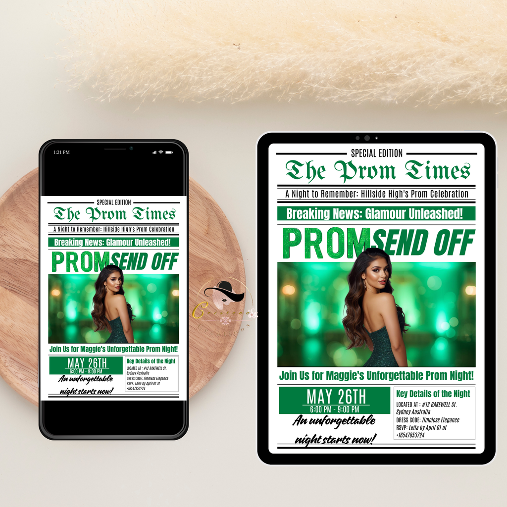 Green Newspaper Prom Send Off Invitation, Prom Queen with photo invite, Teen Boy Prom Night Party Flyer Card, Digital Printable Template