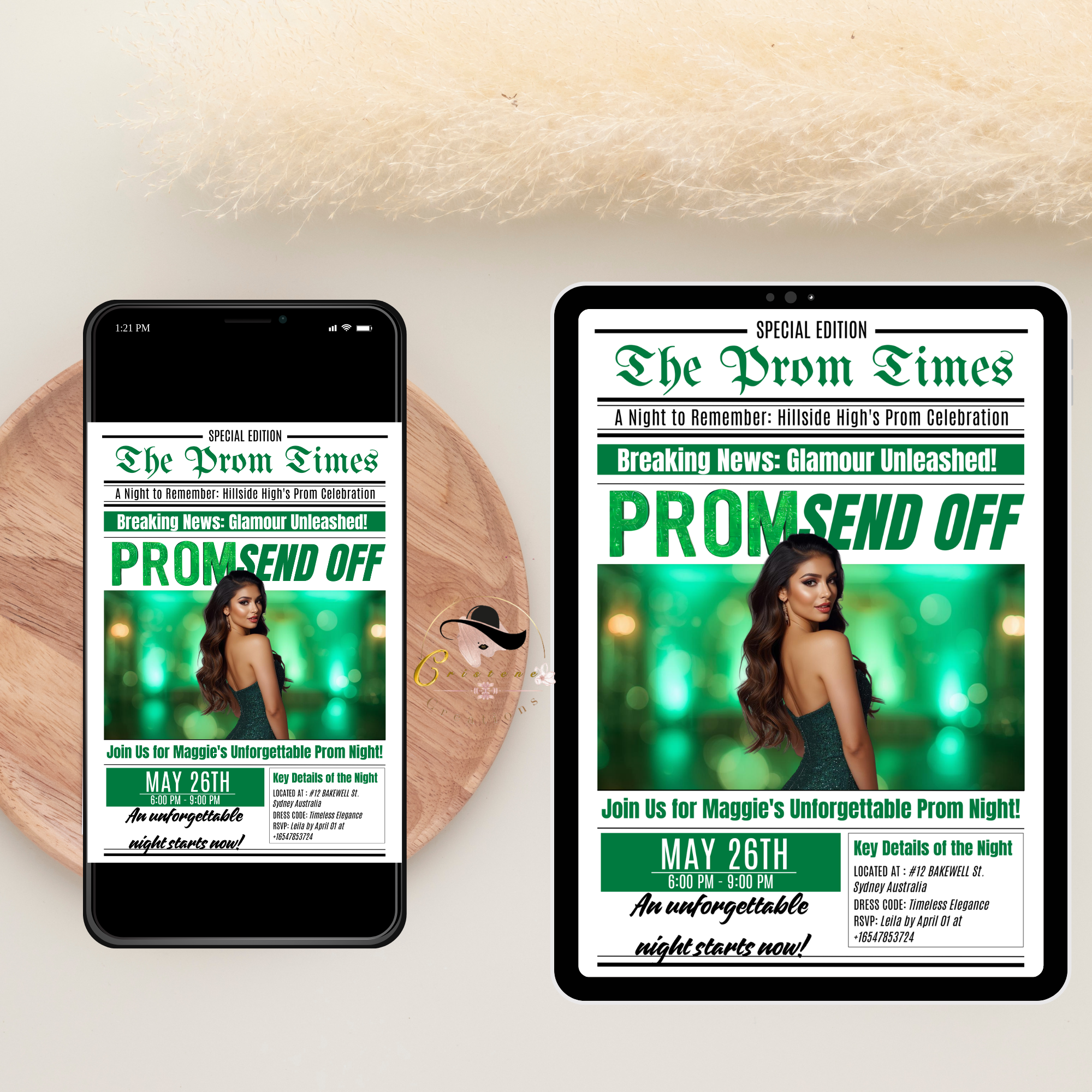 Green Newspaper Prom Send Off Invitation, Prom Queen with photo invite, Teen Boy Prom Night Party Flyer Card, Digital Printable Template