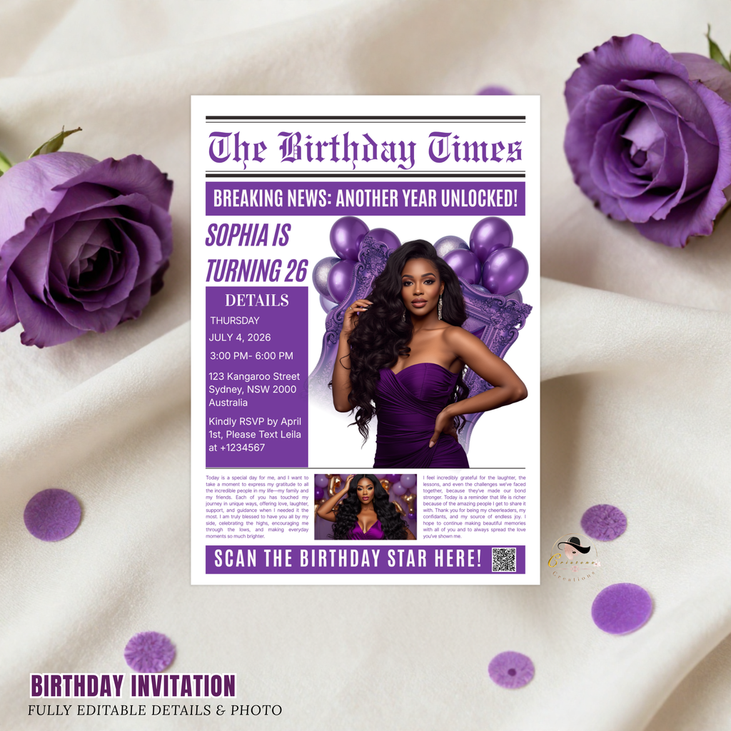 Purple Newspaper Birthday Invitation with Photo, Woman Birthday Dinner & Brunch Party Invite, Adult Celebration Editable Canva Template
