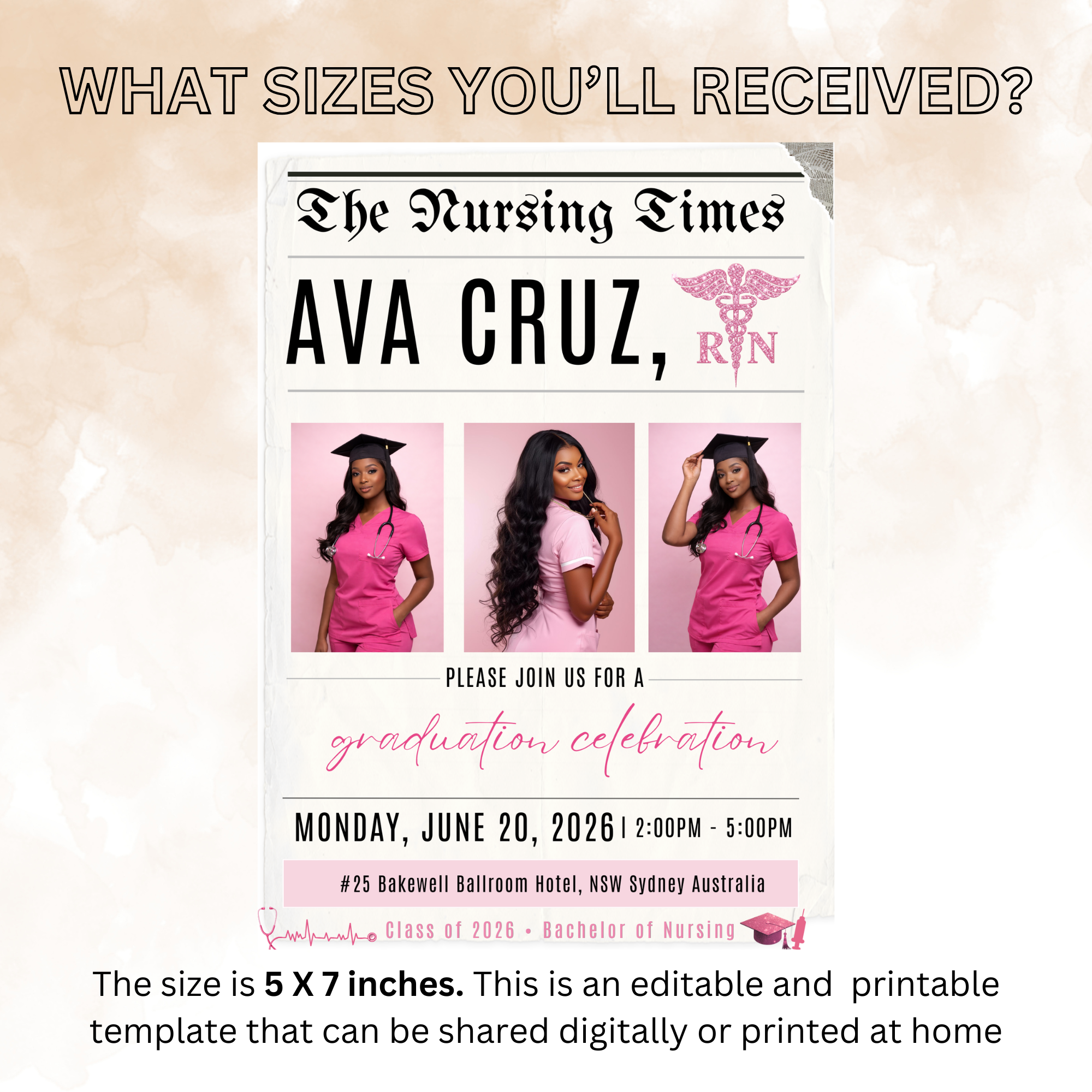 Nurse Graduation Newspaper Invitation with Photo, Pink RN BSN Pinning Ceremony Invite, Canva Digital Printable Flyer Template