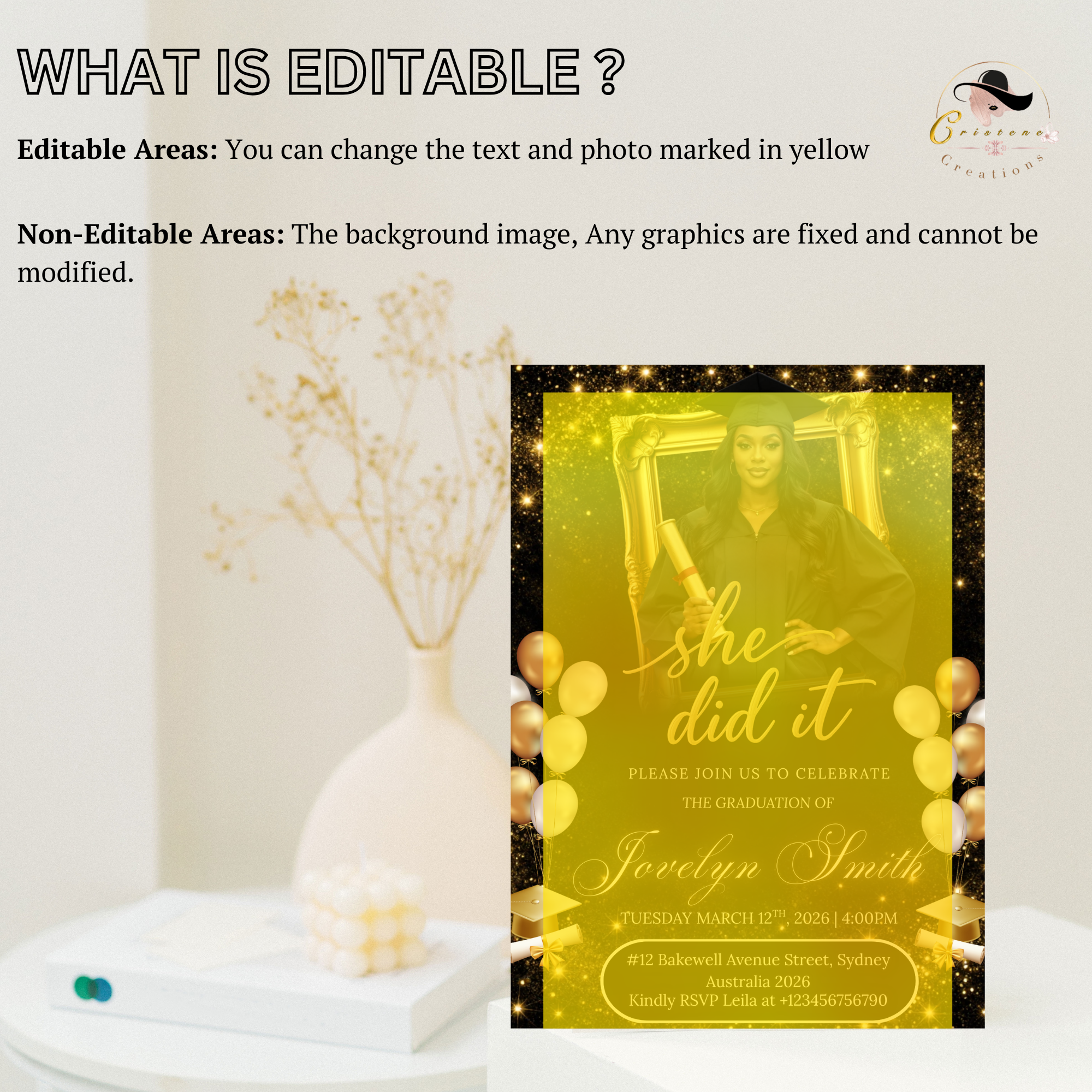 Black Gold Graduation Announcement Invitation, She Did It invite, Senior Grad Party with photo invite, Digital Printable Template