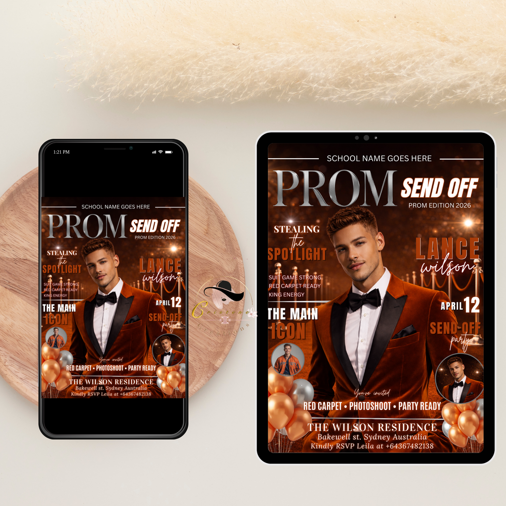 Boy Prom Send Off Party Invitation, Prom King with photo invite, Orange Prom Night Flyer Card, High School Prom Digital Printable Template