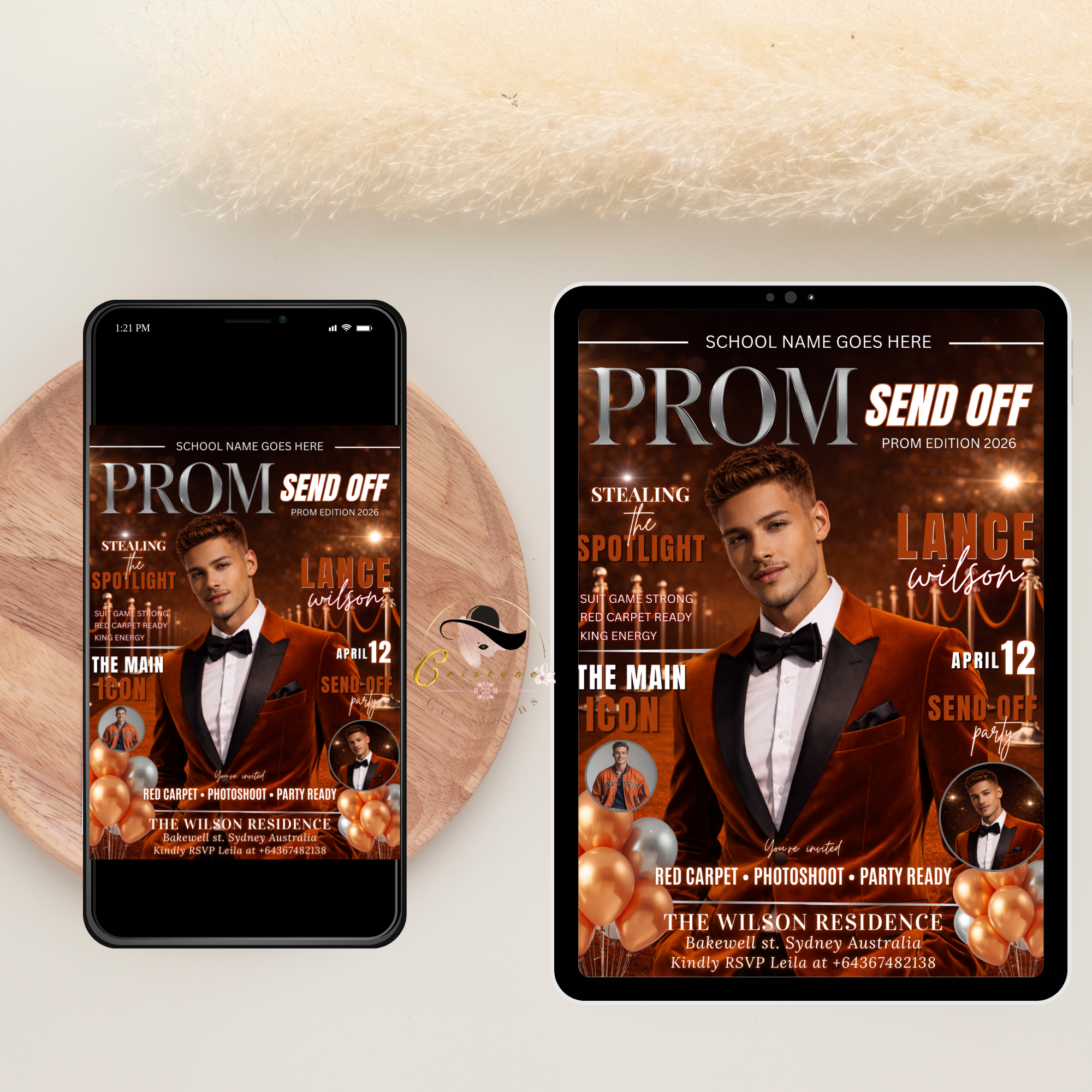 Boy Prom Send Off Party Invitation, Prom King with photo invite, Orange Prom Night Flyer Card, High School Prom Digital Printable Template