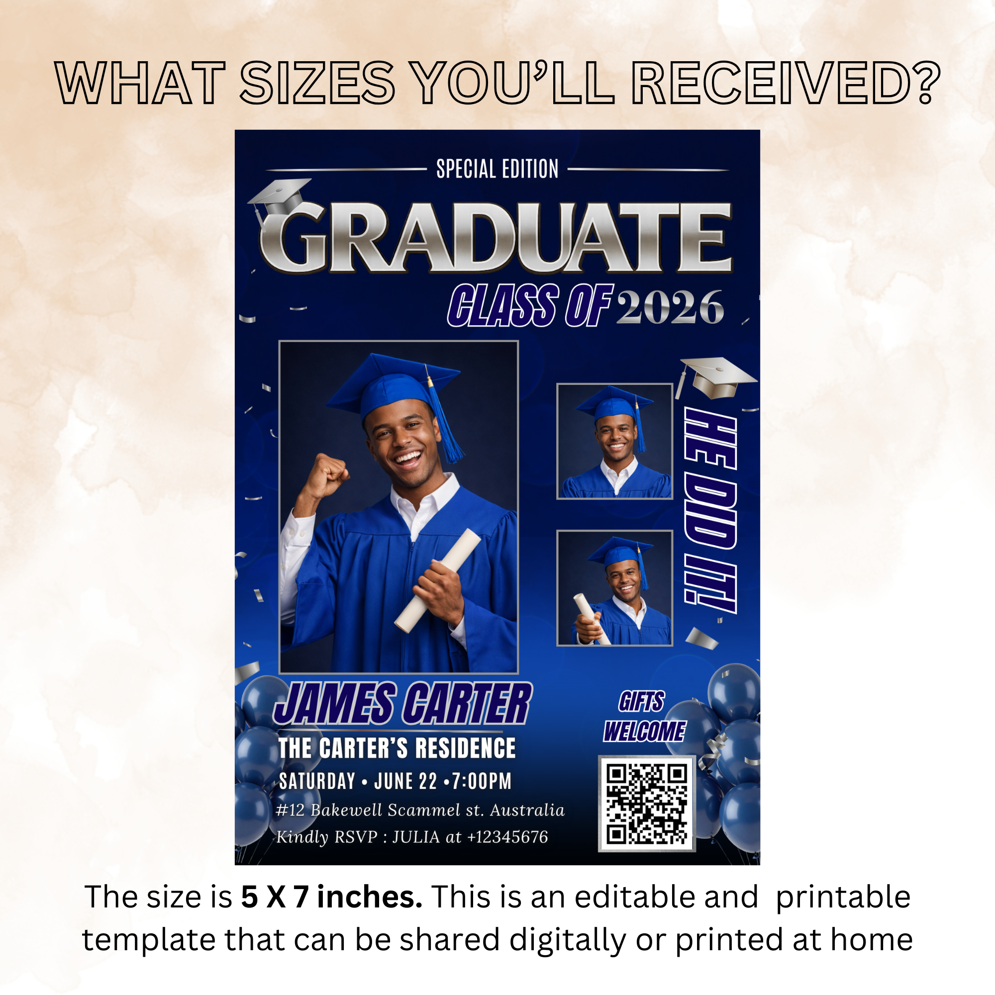 Blue Graduation Invitation, Boy Senior Grad Party with photos invite, Male College High school Graduates Announcement Card Flyer Template