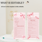 Baby Shower Menu and Program Template, Pink Bow Coquette Baby Girl Shower Itinerary Card, Baby Party Menu, Editable Canva Printable