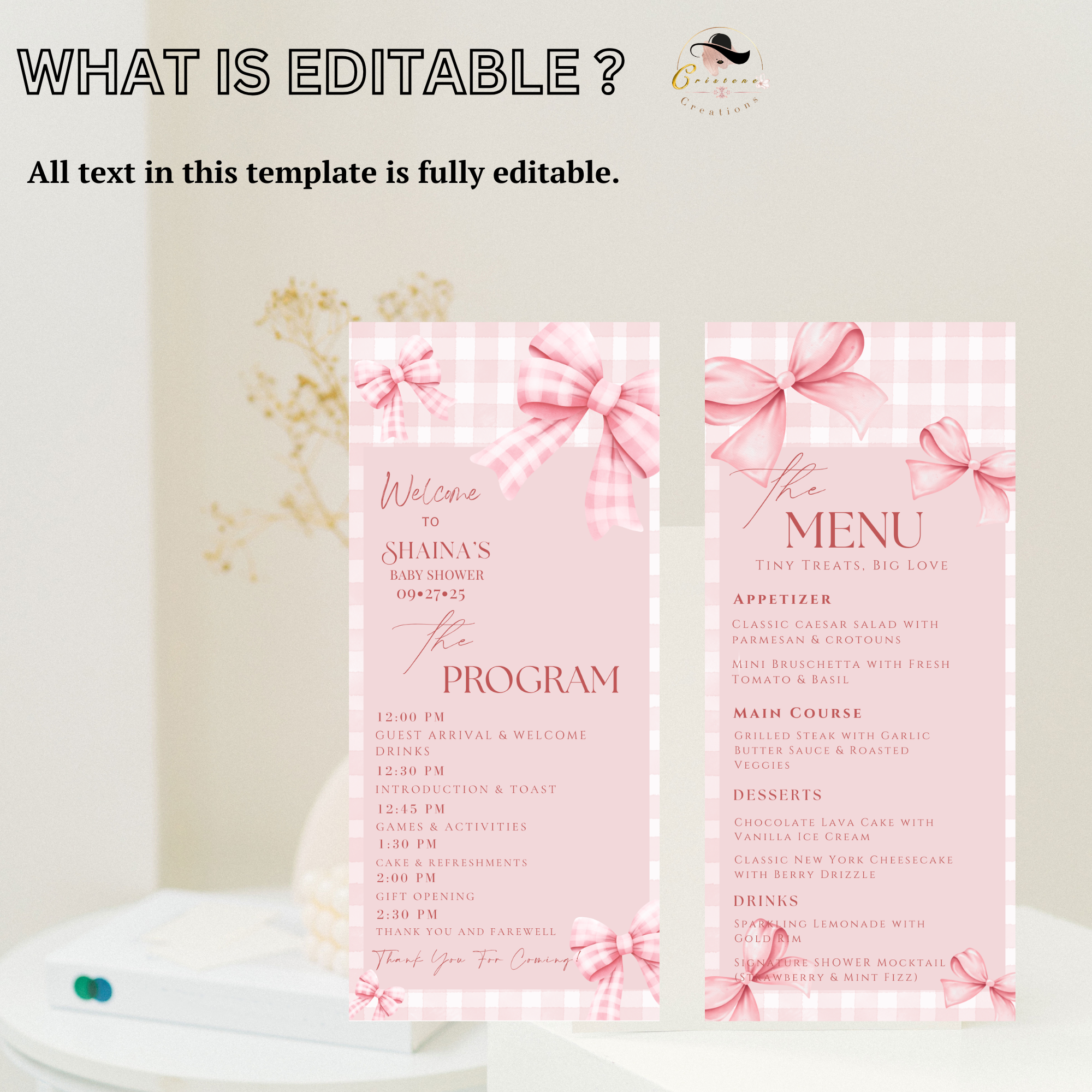 Baby Shower Menu and Program Template, Pink Bow Coquette Baby Girl Shower Itinerary Card, Baby Party Menu, Editable Canva Printable