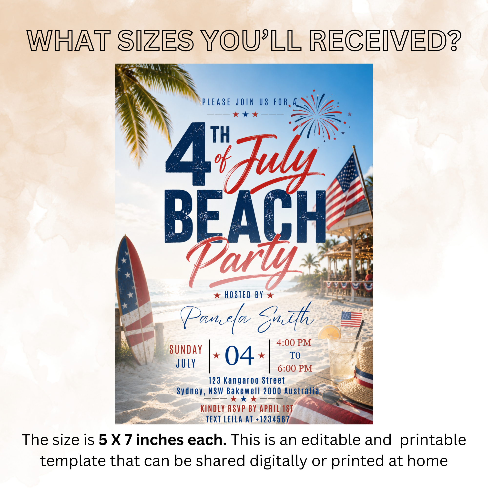 Beach Party 4th of July Invitation, USA Independence Day Summer Party Invite, Tropical Birthday Celebration Editable Digital Canva Template