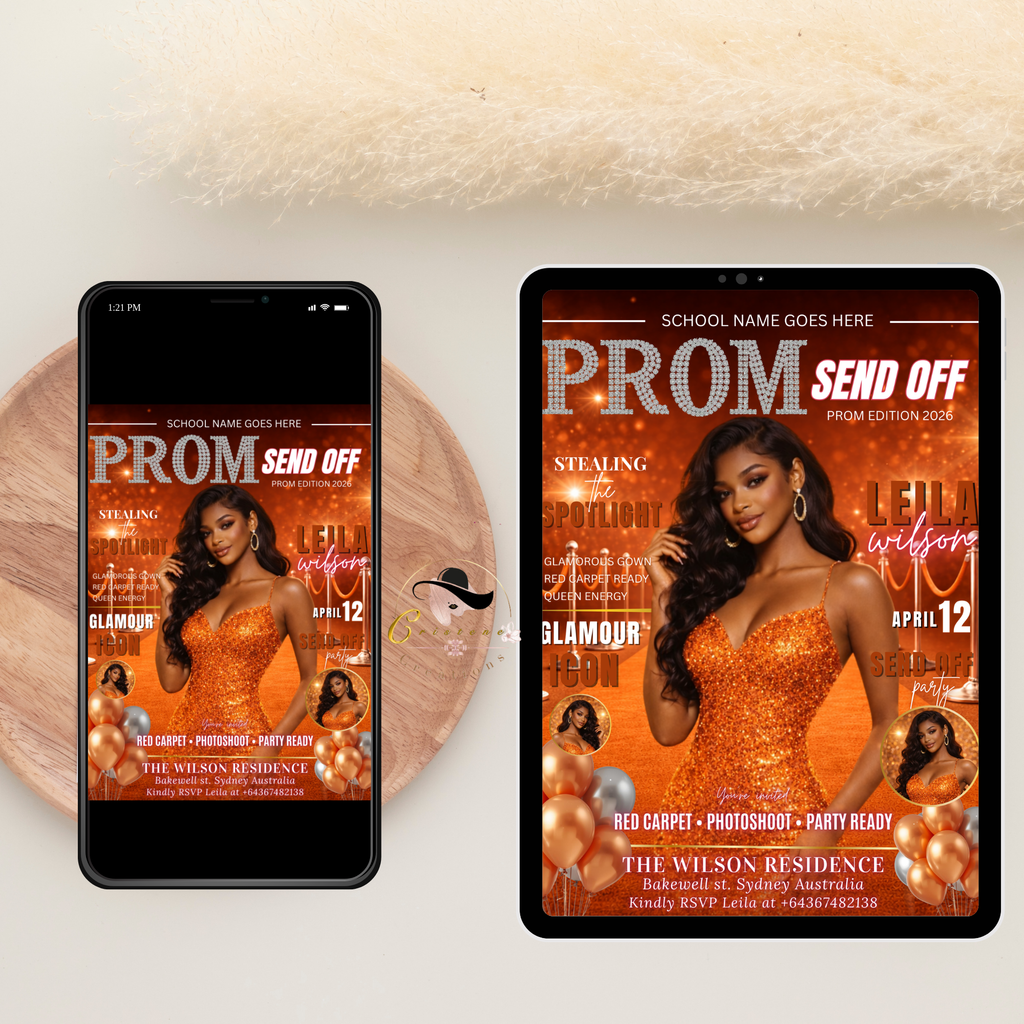 Orange Prom Send Off Party Invitation, Prom Queen with photo invite, Girls Prom Night Flyer Card, Magazine Cover, Digital Printable Template