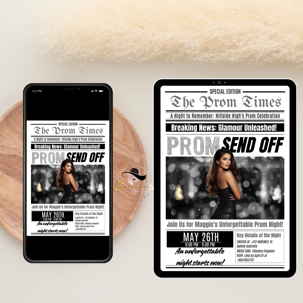Newspaper Prom Send Off Party Invitation, Prom Queen with photo invite, Teen Boy Prom Night Party Flyer Card, Digital Printable Template