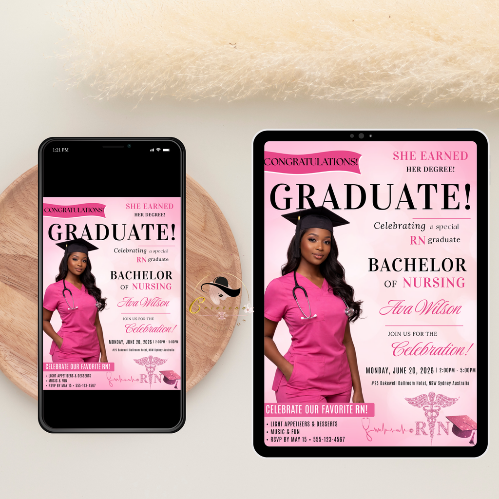 Nurse Graduation Invitation with Photo, Pink Magazine Style RN BSN Pinning Ceremony Invite, Canva Digital Printable Flyer Template