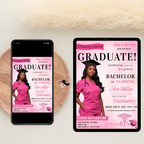 Nurse Graduation Invitation with Photo, Pink Magazine Style RN BSN Pinning Ceremony Invite, Canva Digital Printable Flyer Template