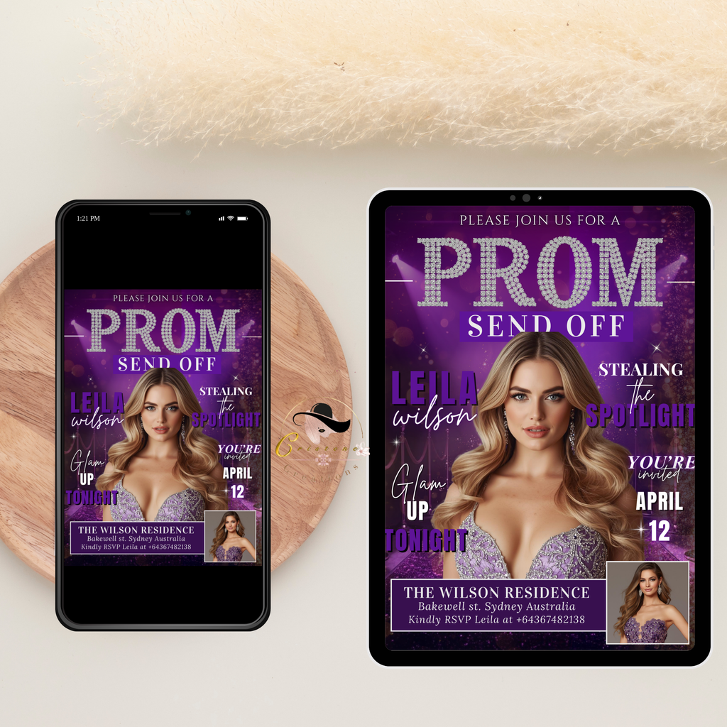 Purple Prom Send Off Party Invitation, Prom Queen with photo invite, Girl Prom Night Flyer, Elegant Diamond Theme Digital Printable Template