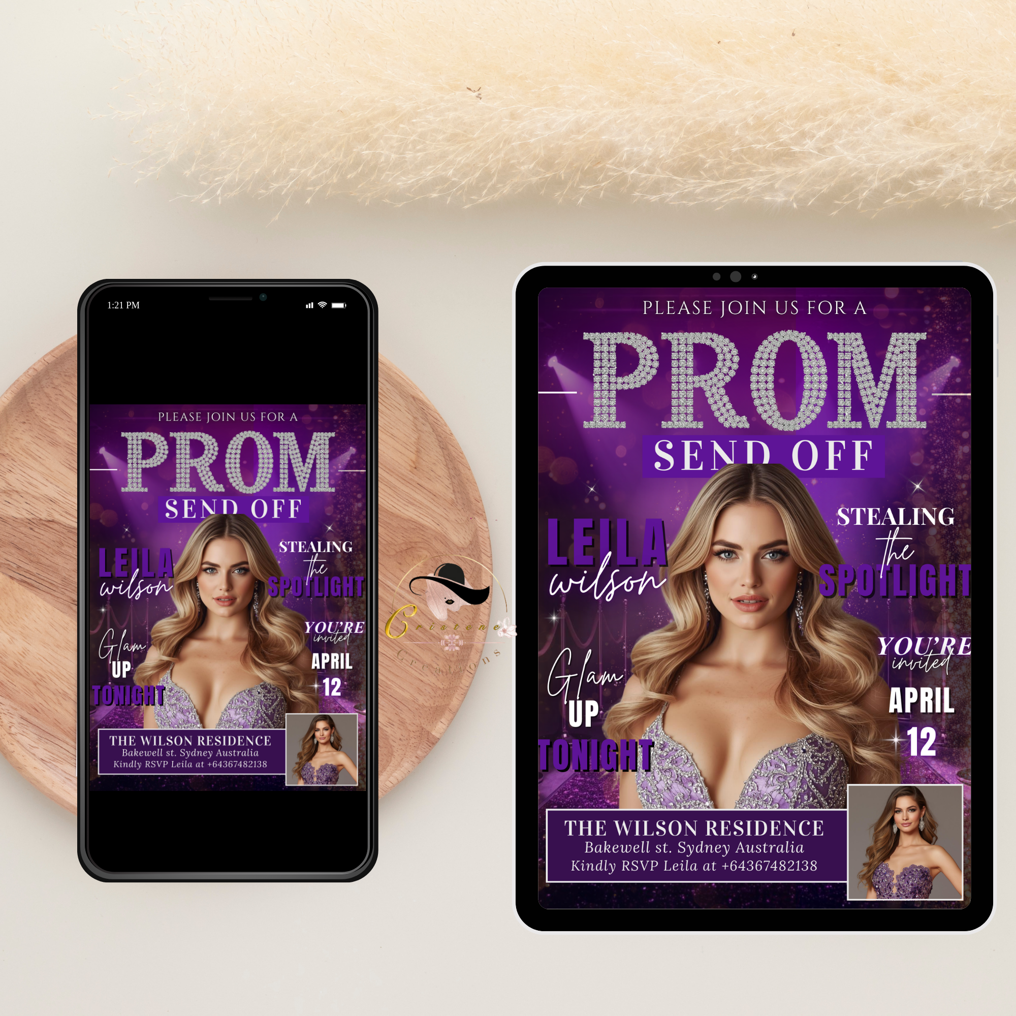 Purple Prom Send Off Party Invitation, Prom Queen with photo invite, Girl Prom Night Flyer, Elegant Diamond Theme Digital Printable Template