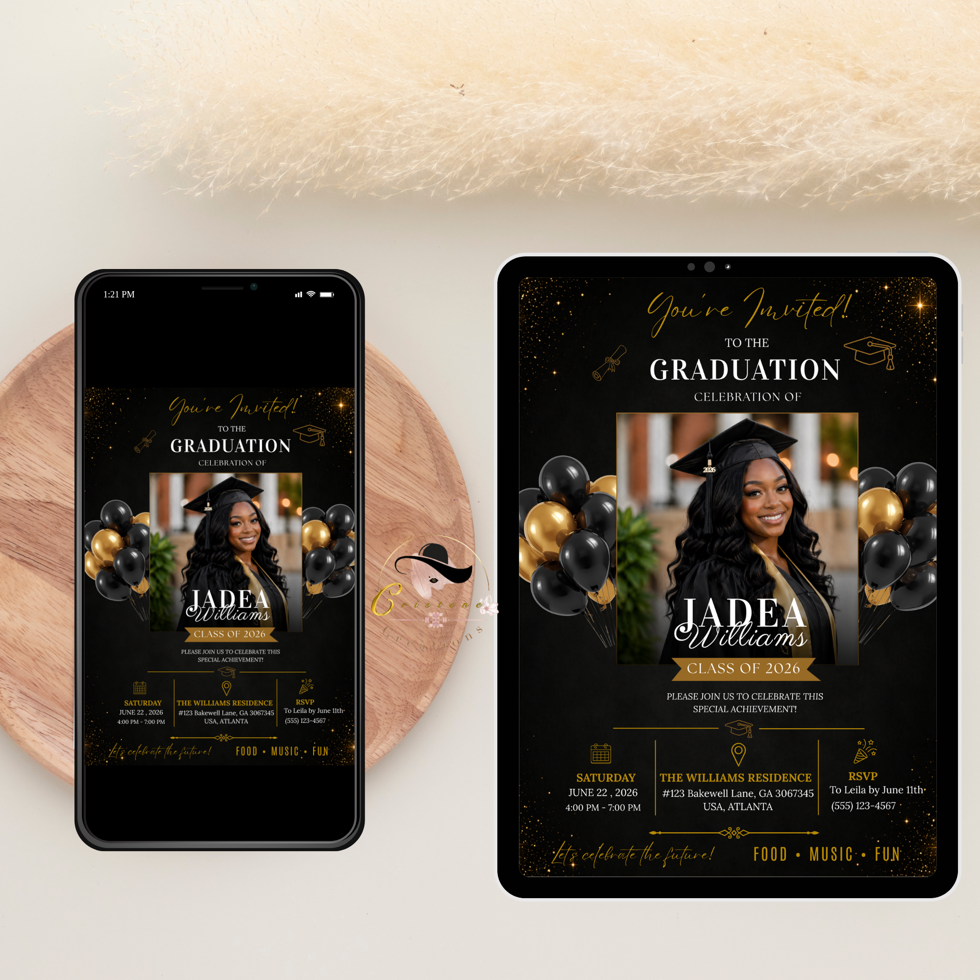 Graduation Invitation with Photo for Him and Her, Class of 2026 High School College Grad Party Invite Black Gold Editable Printable Template