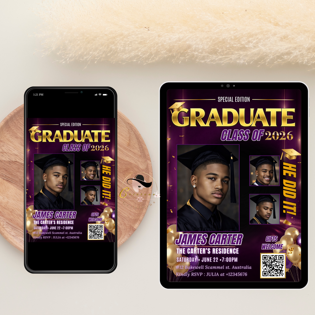 Purple Graduation Invitation, Boy Senior Grad Party with photos invite, Male College High school Graduates Announcement Card Flyer Template