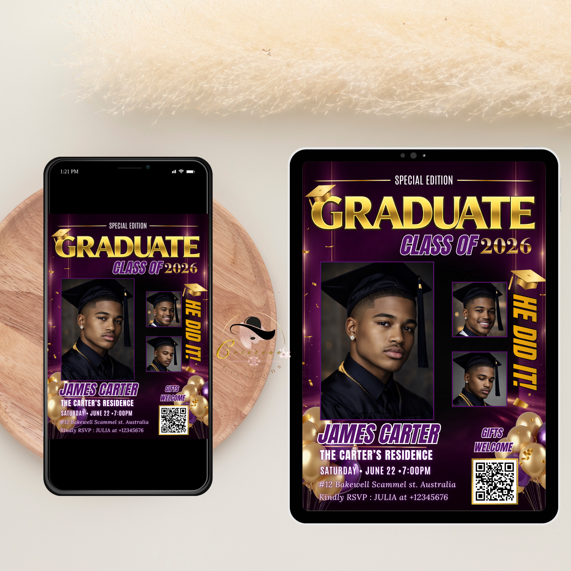 Purple Graduation Invitation, Boy Senior Grad Party with photos invite, Male College High school Graduates Announcement Card Flyer Template