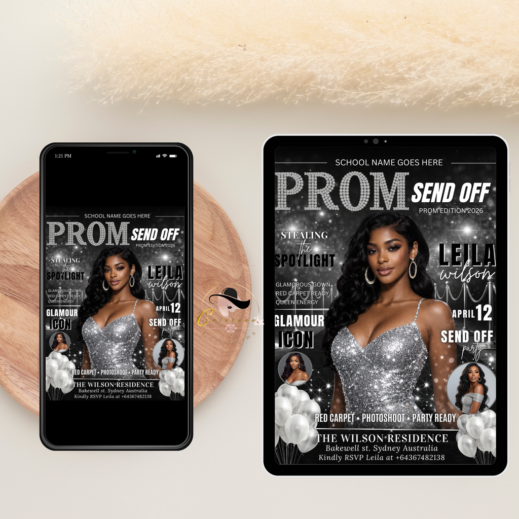 Black Silver Prom Send Off Party Invitation, Prom Queen with photo invite, Girls Prom Night Flyer, Magazine Cover Digital Printable Template