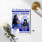 Blue Newspaper Nurse Graduation Invitation, 2026 RN Pinning Ceremony with photo invite, Woman LPN Nursing Graduates, Boy BSN Flyer Template