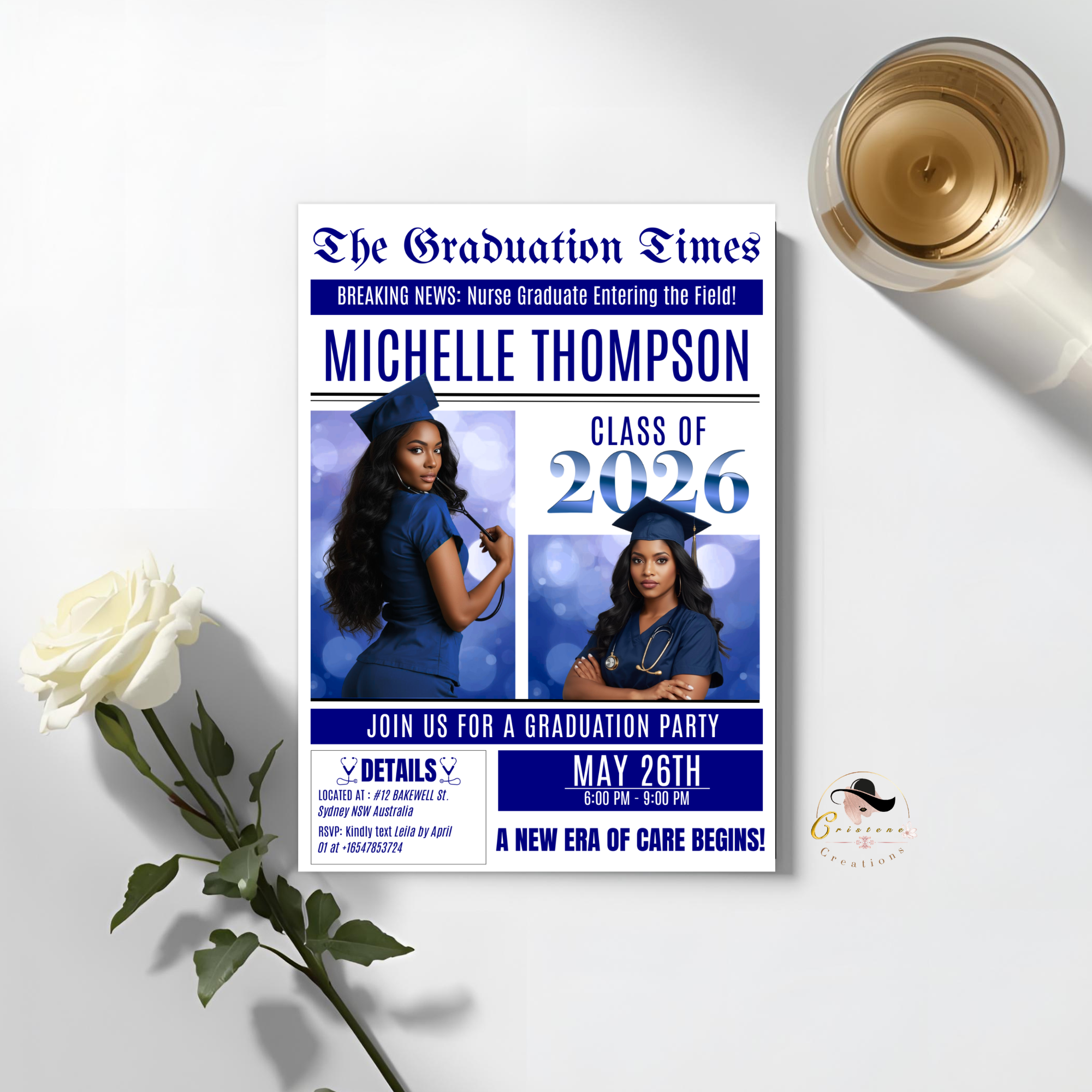 Blue Newspaper Nurse Graduation Invitation, 2026 RN Pinning Ceremony with photo invite, Woman LPN Nursing Graduates, Boy BSN Flyer Template