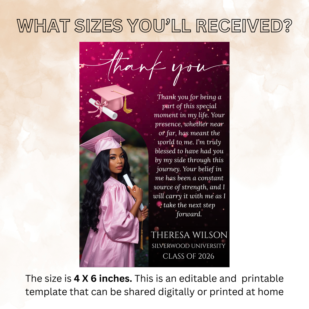 Pink Graduation Thank You Card with Photo, Class of 2026 Grad Party Thank You Note for Her, Graduates Editable Printable Digital Template