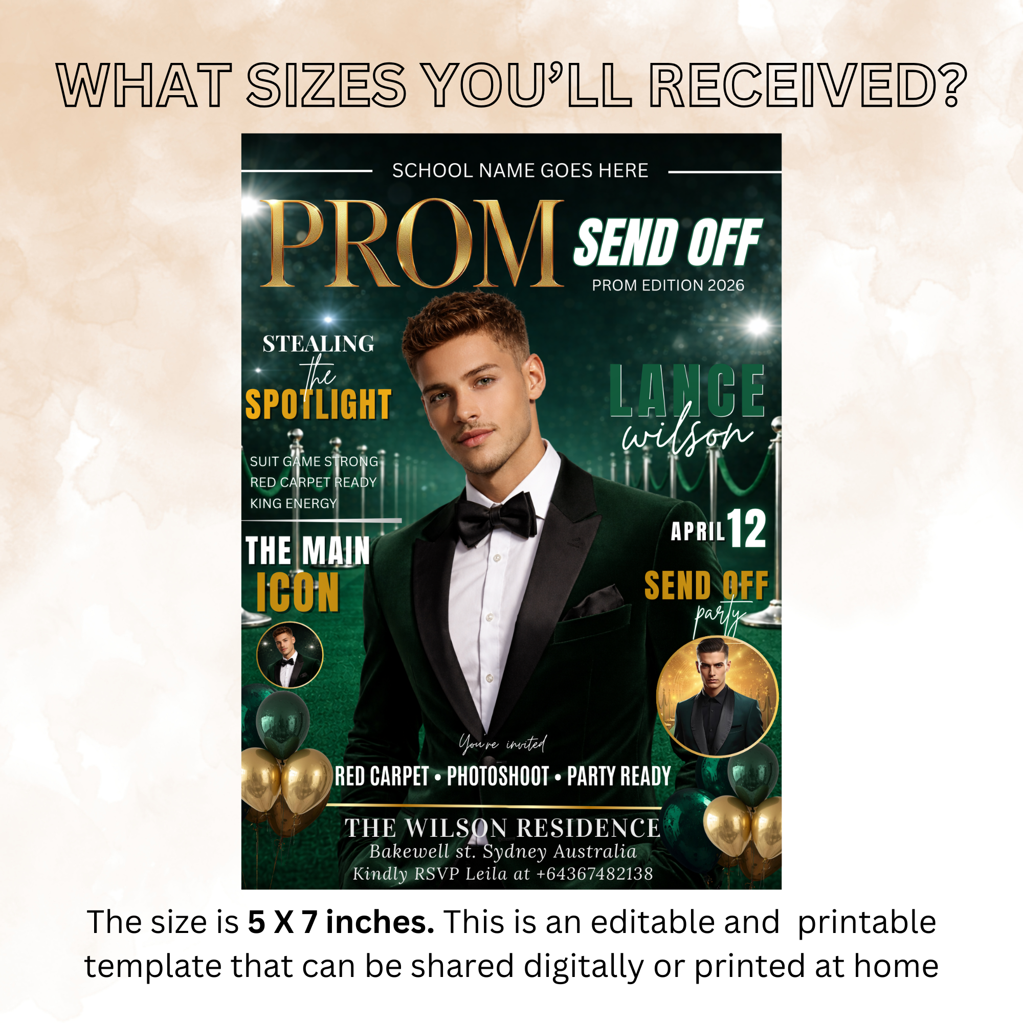 Boy Prom Send Off Party Invitation, Prom King with photo invite, Green Prom Night Flyer Card, High School Prom Digital Printable Template