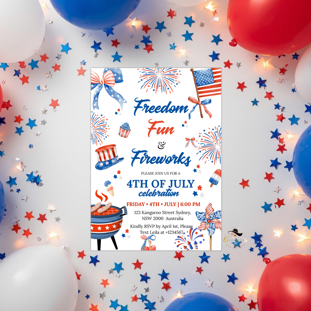4th of July Invitation, Fourth of July BBQ invite, USA Independence day, Patriotic Invite, Red White Blue, Digital Printable template