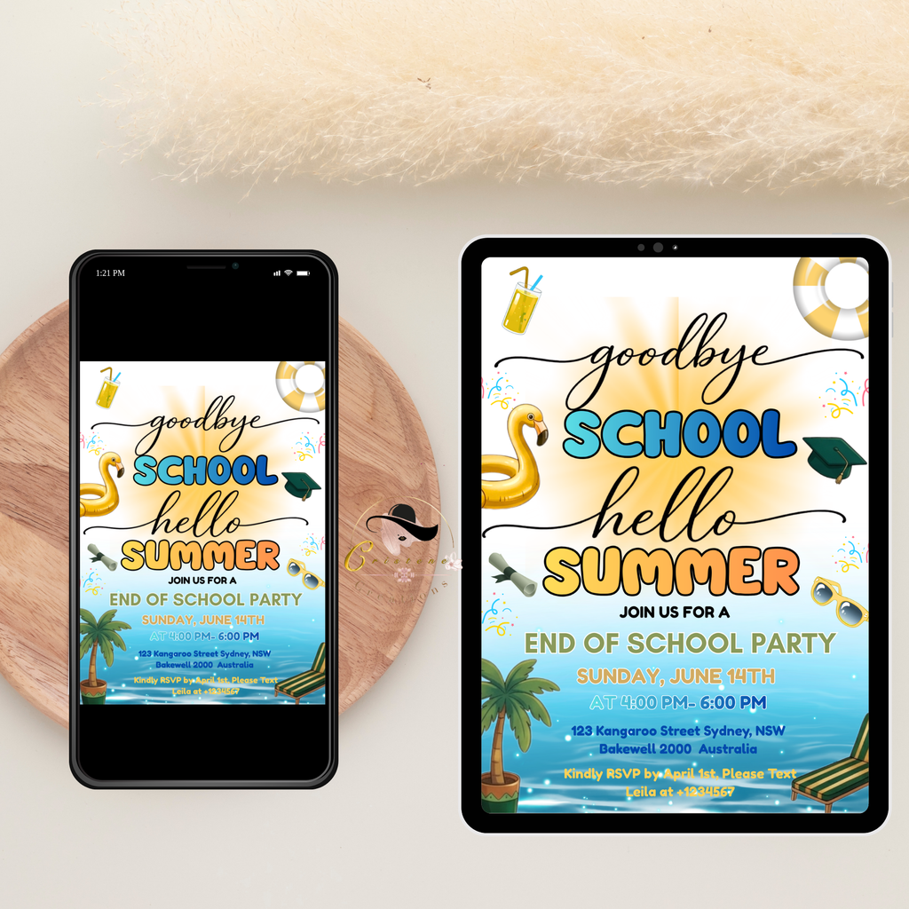 Pool Party Graduation Invitation for Kids, Hello Pool Goodbye School Summer Beach Invite, Boy Girl Printable Digital Editable Template