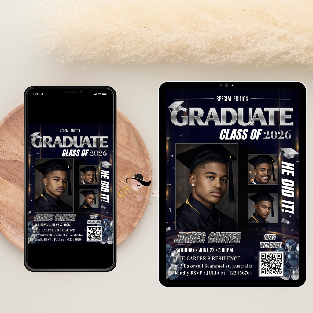 Boy Graduation Invitation, Senior Grad Party with photos invite, Male College High school Graduates Announcement, Blue Silver Flyer Template