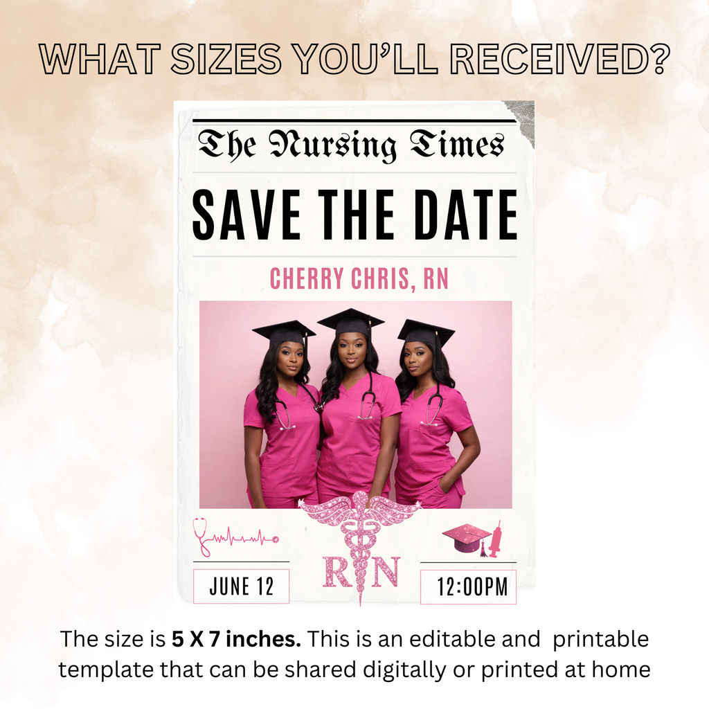 Nurse Graduation Save the Date Invitation, Pink Newspaper Grad Party with photo Invite, Pinning Ceremony RN Invite, Digital Canva Template
