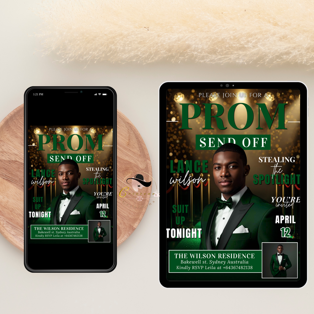 Green Prom Send Off Invitation, Prom King Party with photo invite, Boys Senior Prom Night Flyer, Magazine Style Digital Printable Template
