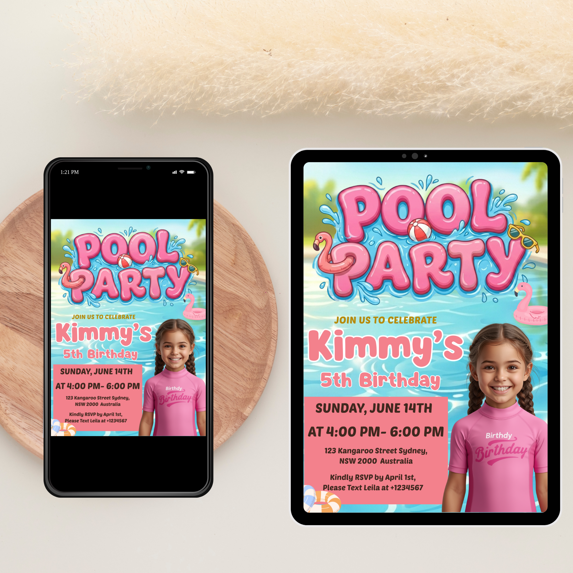 Kids Pool Party Birthday Invitation with Photo, Tropical Summer Splash Party Invite, Girl Splish Splash Invite, Editable Canva Template