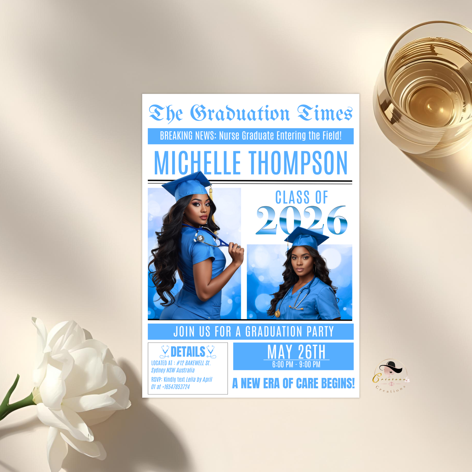 Newspaper Nurse Graduation Invitation, 2026 RN Pinning Ceremony with photo invite, LPN Nursing Graduates, Light blue BSN Flyer Template