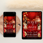 Save the Date Invitation, Save Date Birthday Party with photo Invite, Elegant Dinner Event Card, Red Gold Printable Digital Template