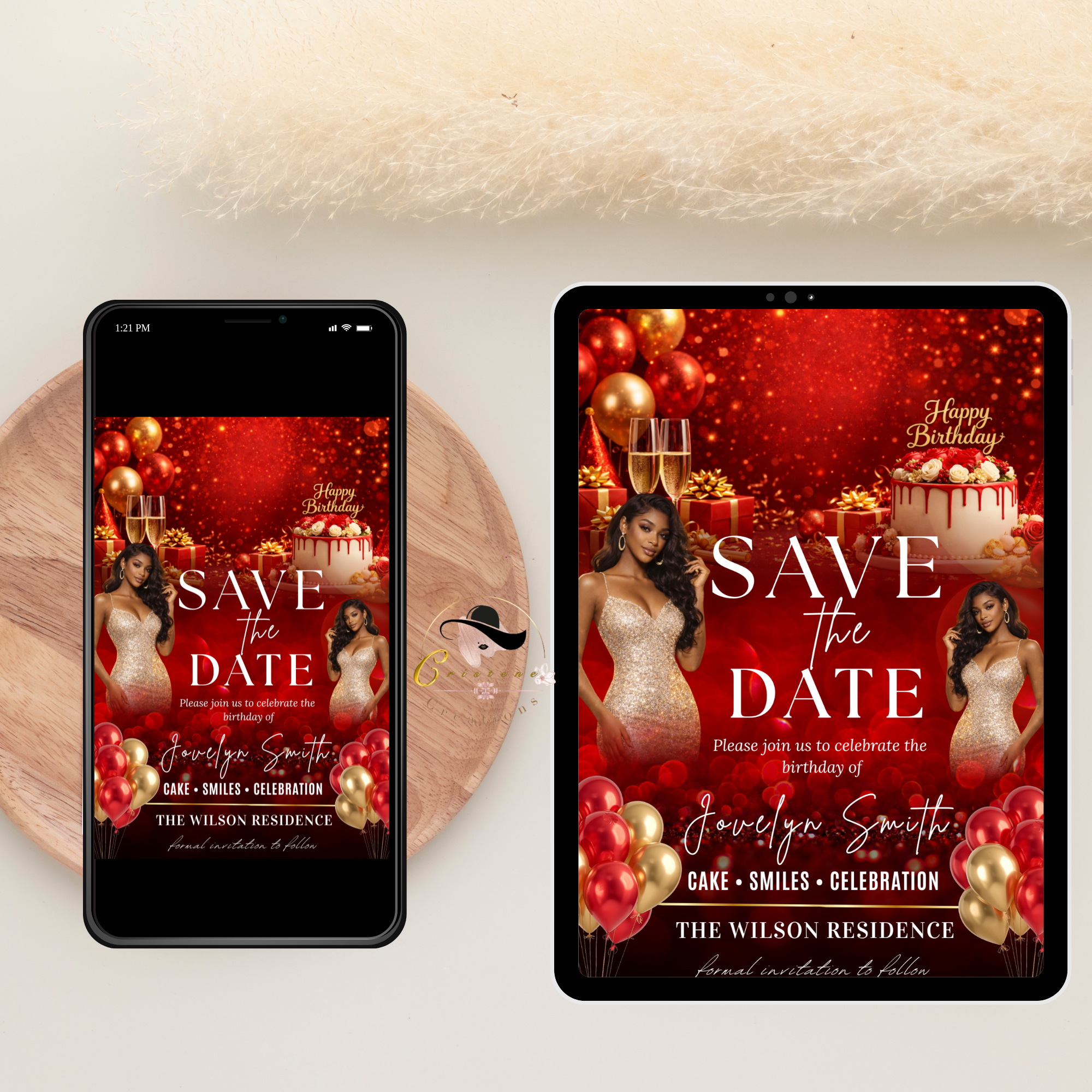 Save the Date Invitation, Save Date Birthday Party with photo Invite, Elegant Dinner Event Card, Red Gold Printable Digital Template