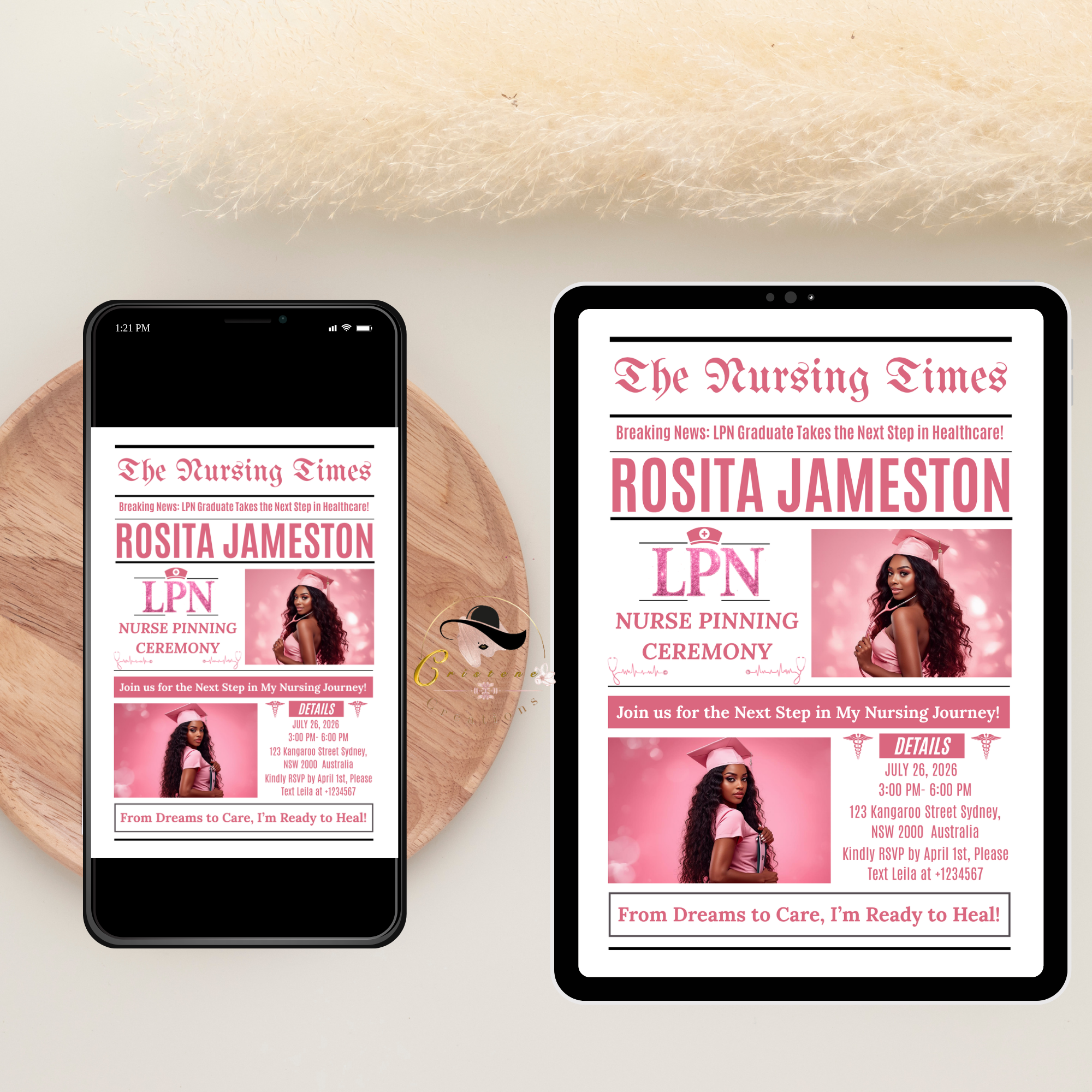 LPN Graduation Invitation Newspaper Style with Photo, Pink Nurse Pinning Ceremony Invite, Nursing Flyer Invite, Editable Canva Template