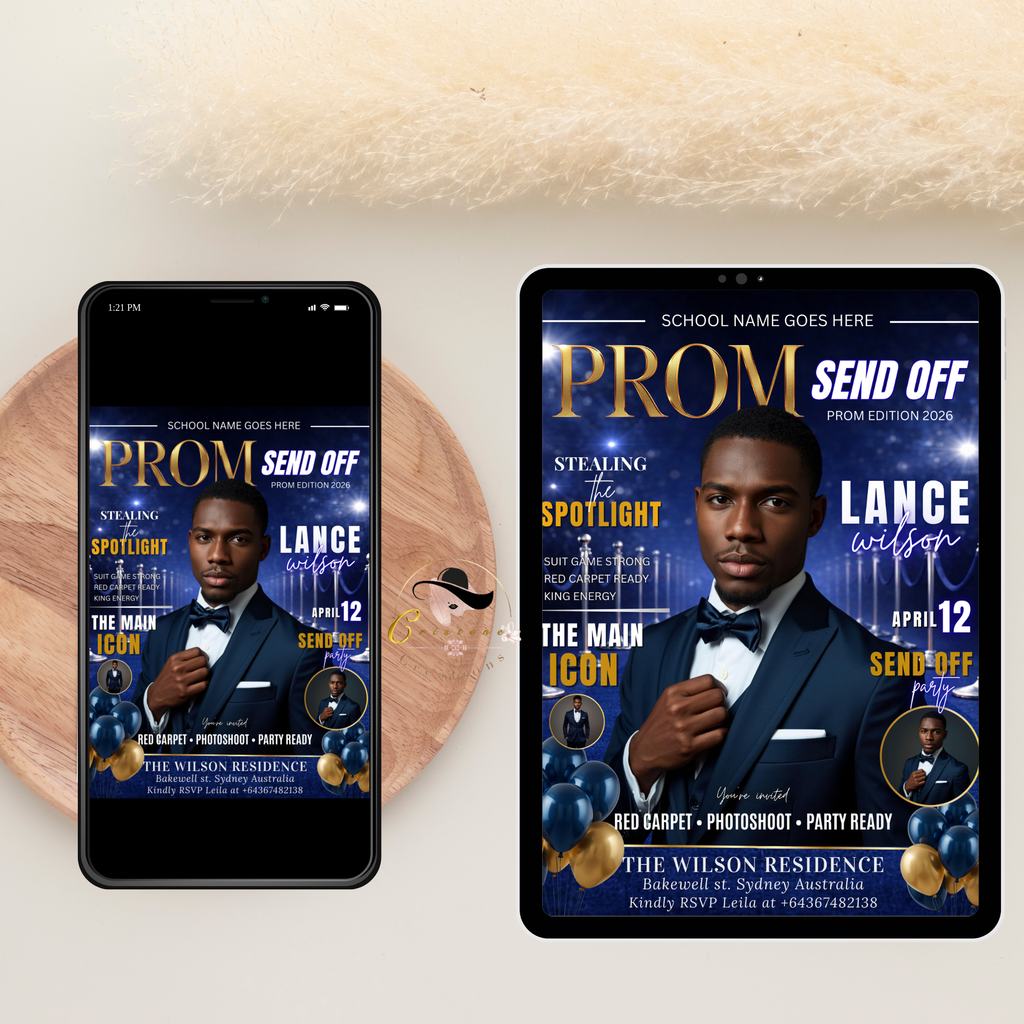 Boy Prom Send Off Party Invitation, Prom King with photo invite, Blue Prom Night Flyer Card, High School Prom Digital Printable Template