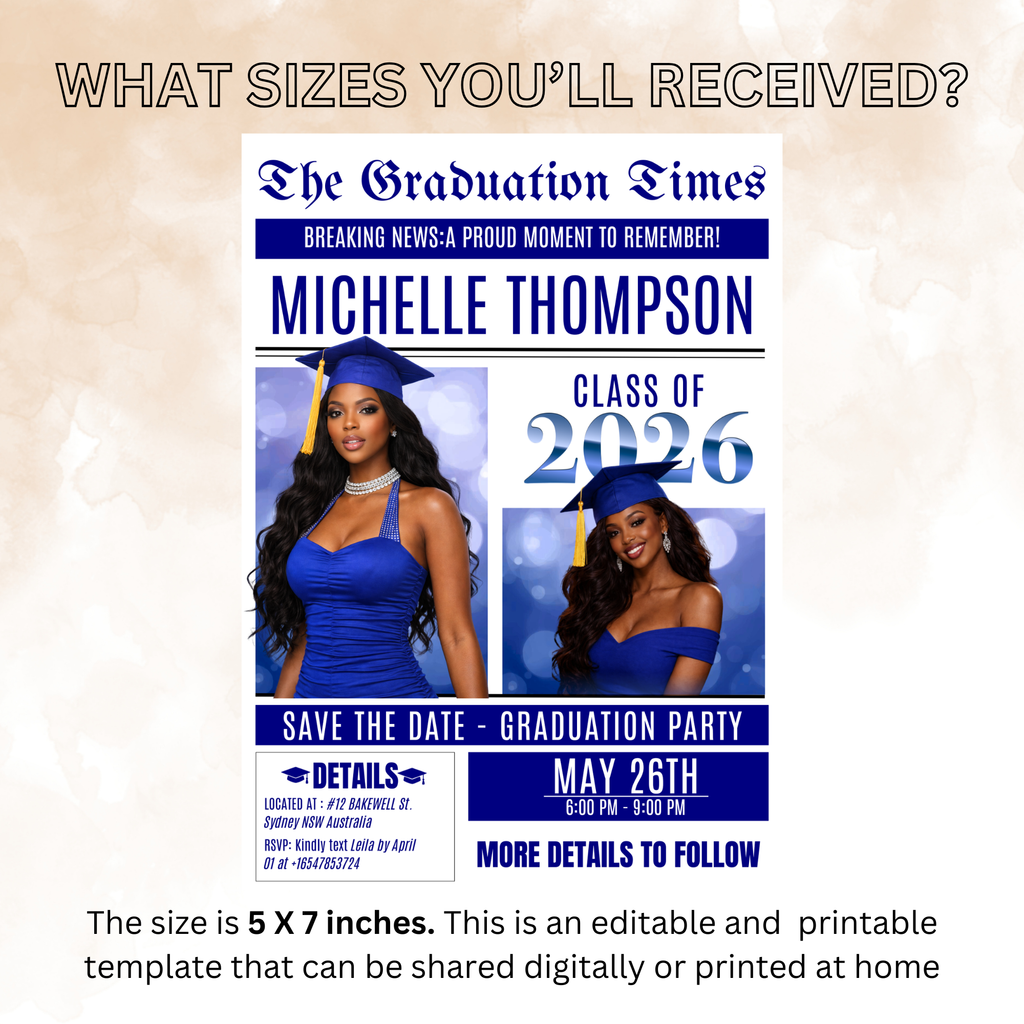 Blue Newspaper Graduation Save the Date Invitation with Photo, Senior Grad Party Invite, Class 2026 Boy Girl, Digital Printable Template