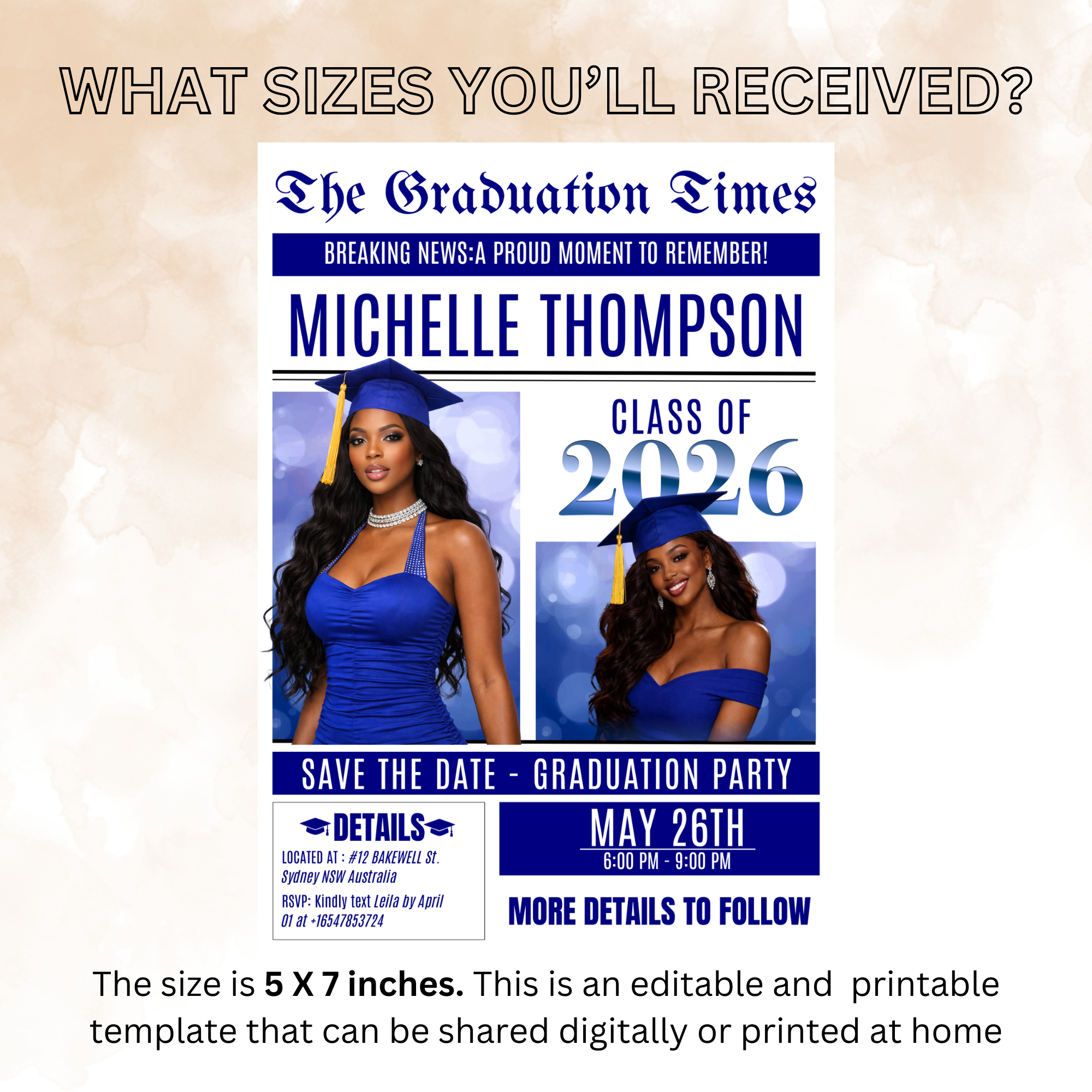 Blue Newspaper Graduation Save the Date Invitation with Photo, Senior Grad Party Invite, Class 2026 Boy Girl, Digital Printable Template