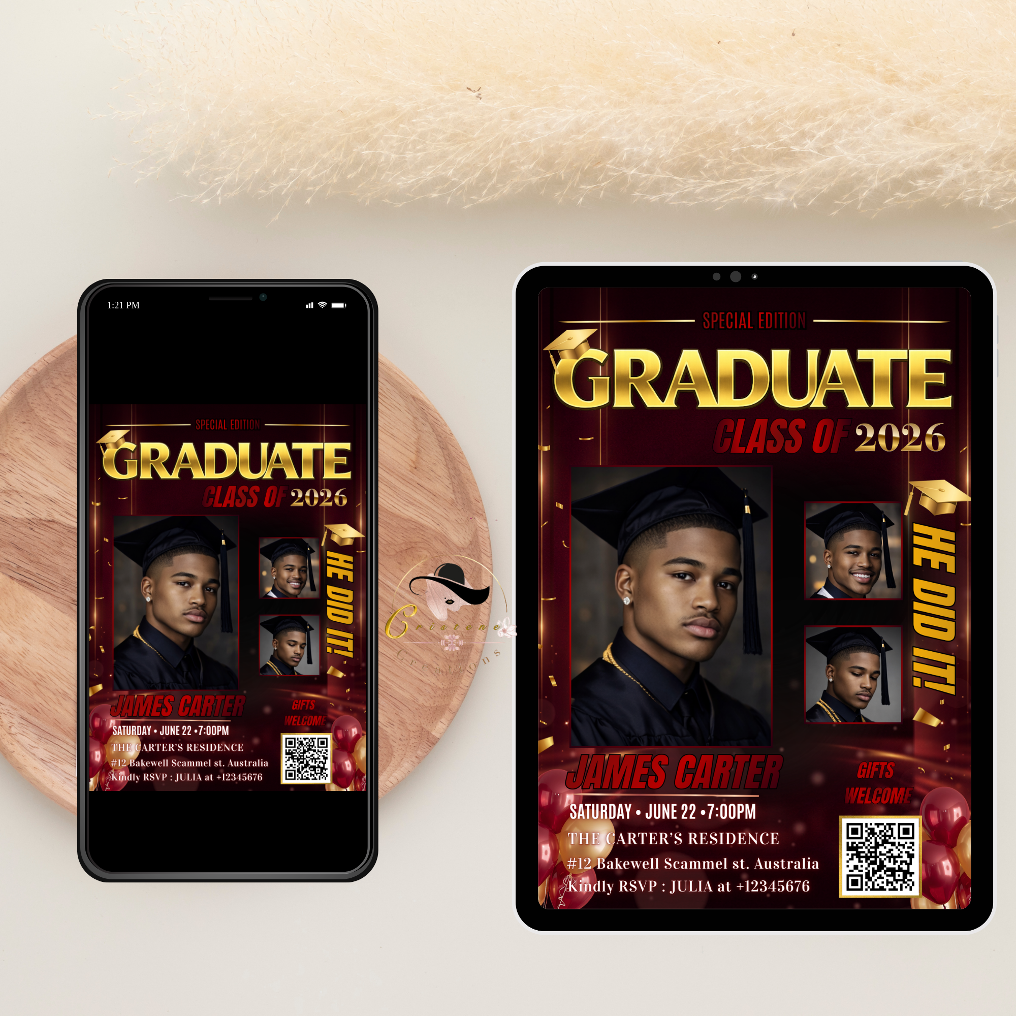 Boy Graduation Invitation, Senior Grad Party with photos invite, Male College High school Graduates Announcement, Maroon Gold Flyer Template