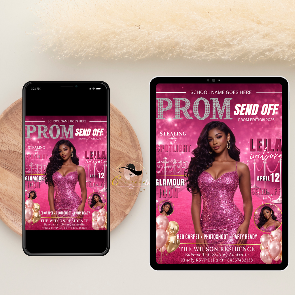 Pink Prom Send Off Party Invitation, Prom Queen with photo invite, Girls Prom Night Flyer, Glam Magazine Cover, Digital Printable Template
