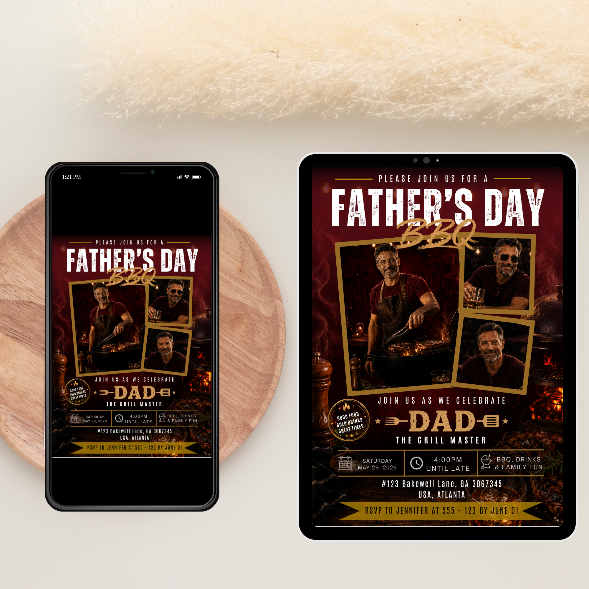 Red Father's Day BBQ Invitation with Photo, Backyard Barbecue Party Invite for Dad Summer Grill Cookout, Editable Digital Printable Template