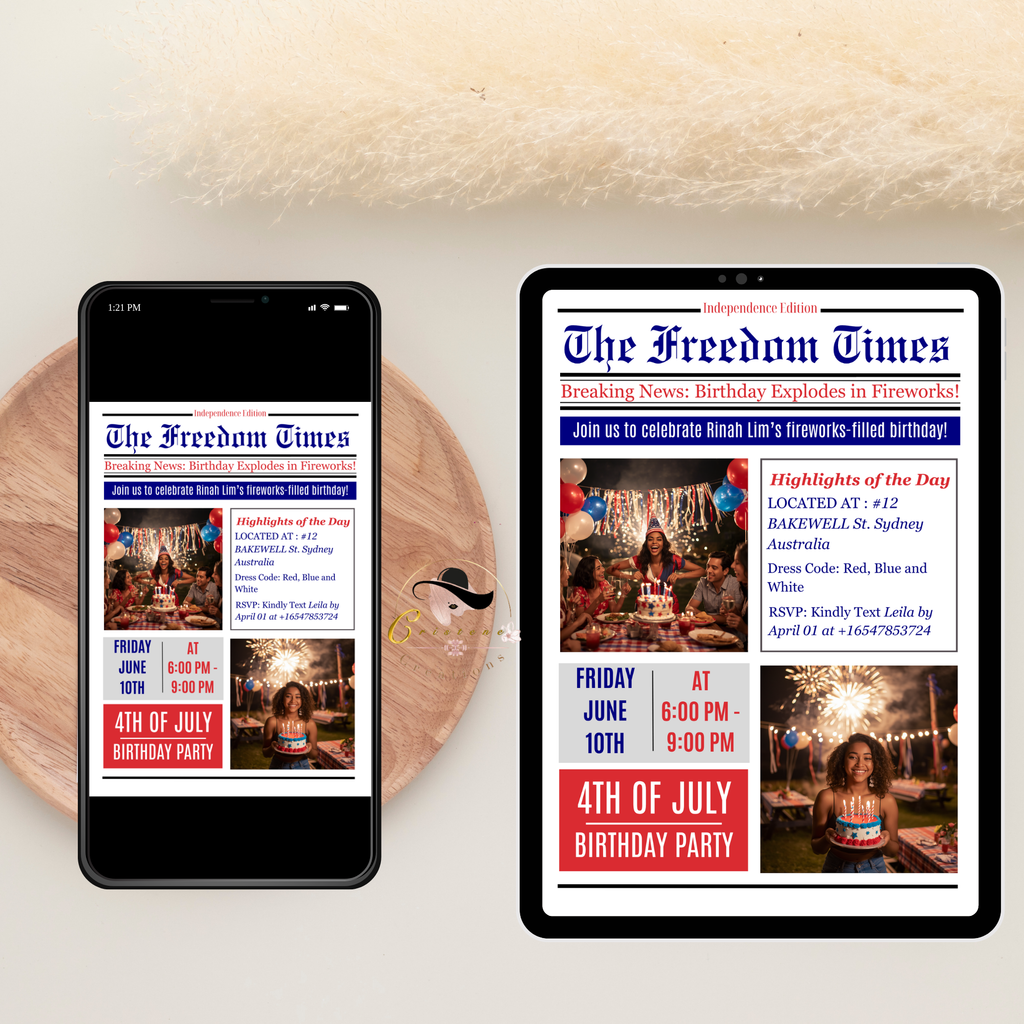 Newspaper 4th of July Birthday Invitation with Photo, Patriotic BBQ Cookout Party Invite, Dinner Brunch Invite, Printable Digital Template