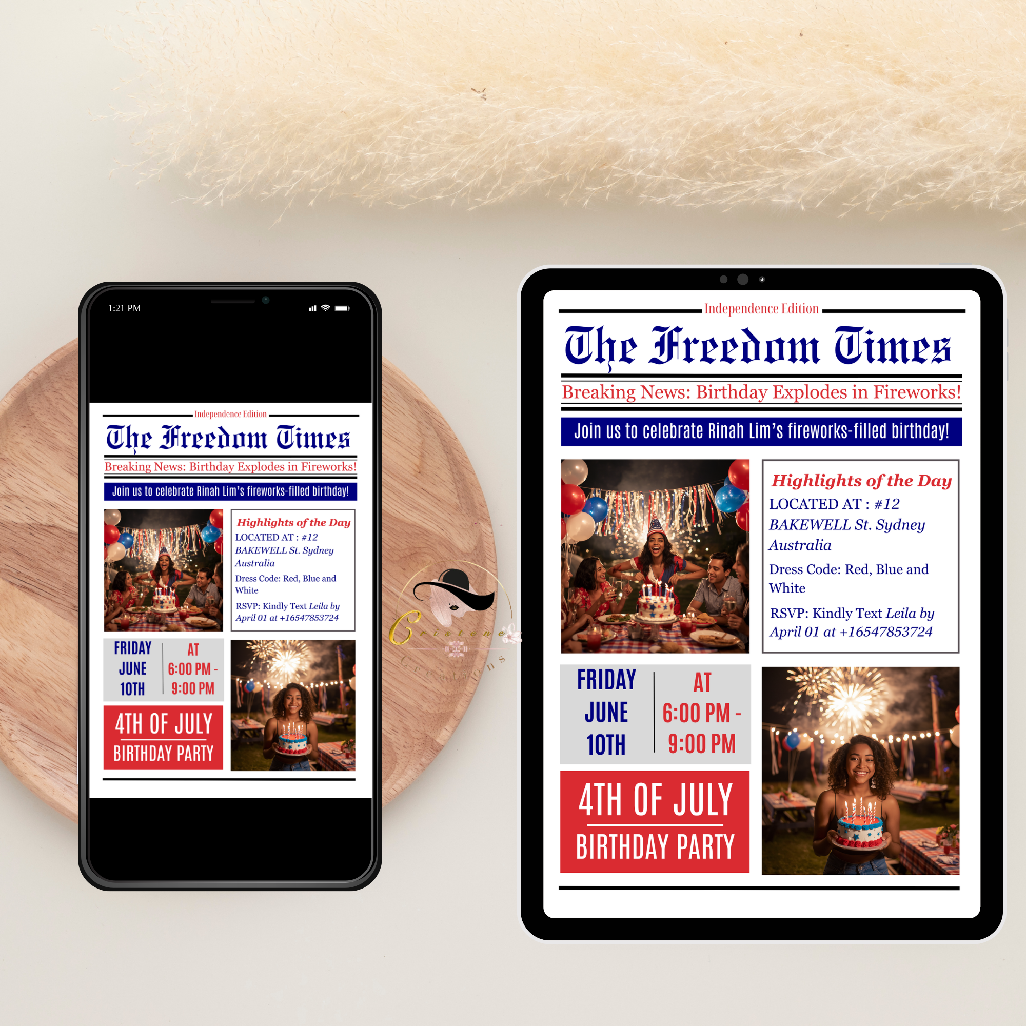 Newspaper 4th of July Birthday Invitation with Photo, Patriotic BBQ Cookout Party Invite, Dinner Brunch Invite, Printable Digital Template