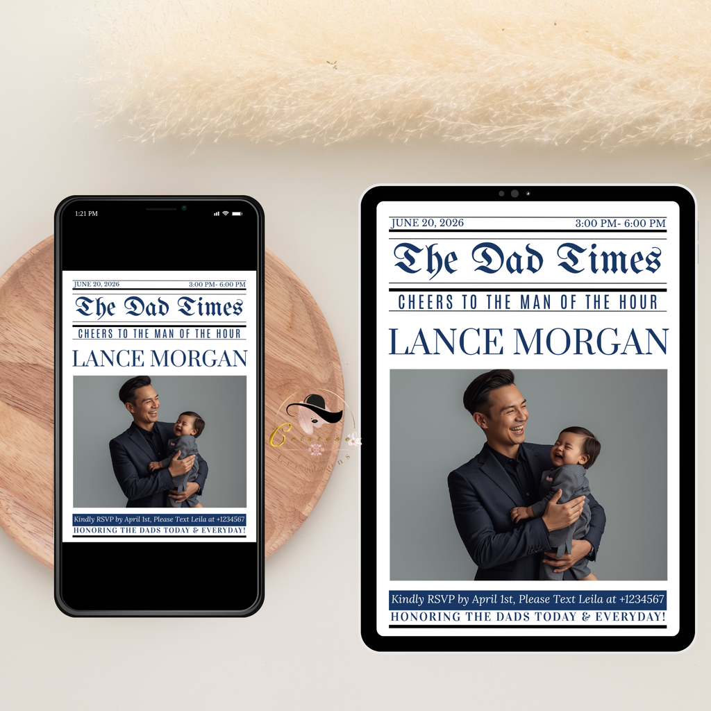Newspaper Fathers Day Invitation with Photo, Dad Party Invite, Brunch or Dinner Invite, Editable Canva Template, Printable Celebration Card