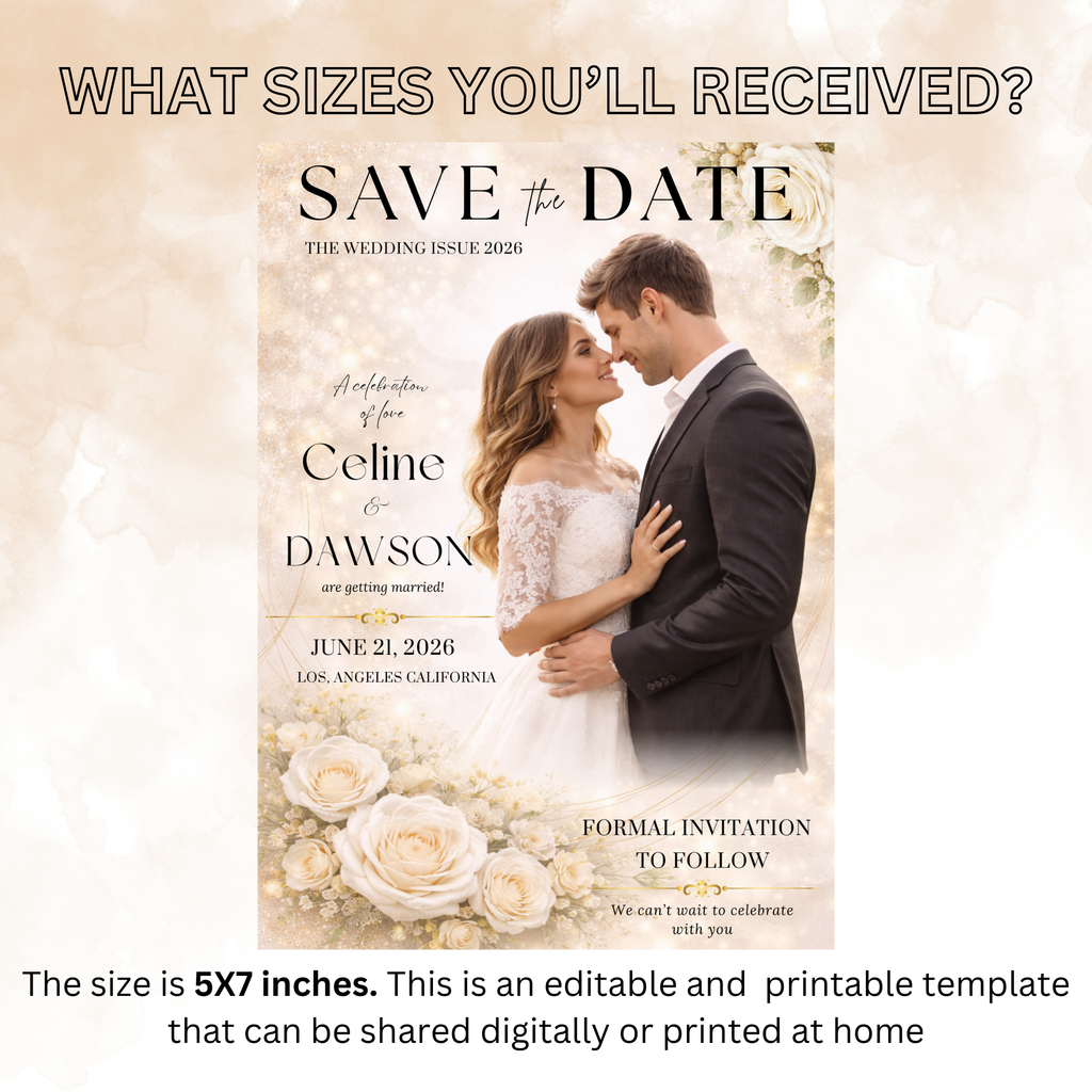 Wedding Save the Date Invitation, White Gold Floral Save Date Party with photo invite, Editable Canva Printable Digital Template