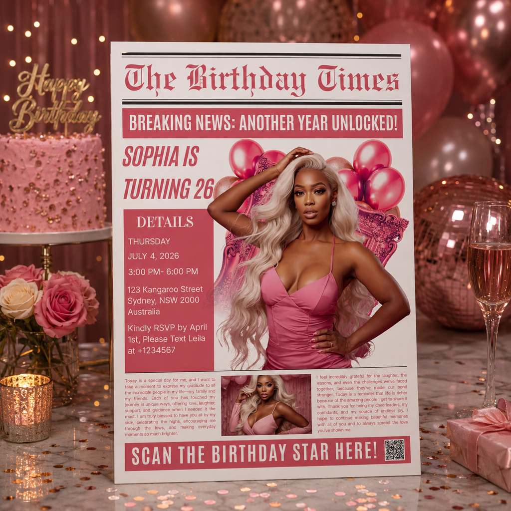 Pink Birthday Dinner Invitation with Photo, Newspaper Style Party Invite, Woman Brunch Invite, Editable Digital Printable Template