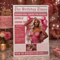 Pink Birthday Dinner Invitation with Photo, Newspaper Style Party Invite, Woman Brunch Invite, Editable Digital Printable Template