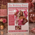 Pink Birthday Dinner Invitation with Photo, Newspaper Style Party Invite, Woman Brunch Invite, Editable Digital Printable Template